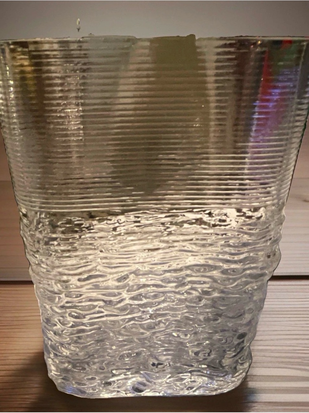 MCM Art Glass Ice Block Vase Waterfall Textured Dual Design Heavy Clear 7”x5”